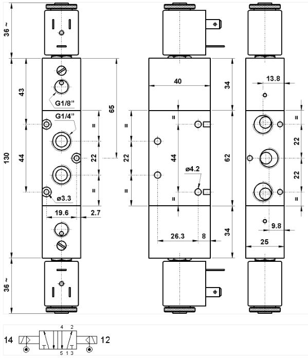 Magnetventil 1/4" 5/2 separat pilot/pilot - uden 2 spole 522 EE AS