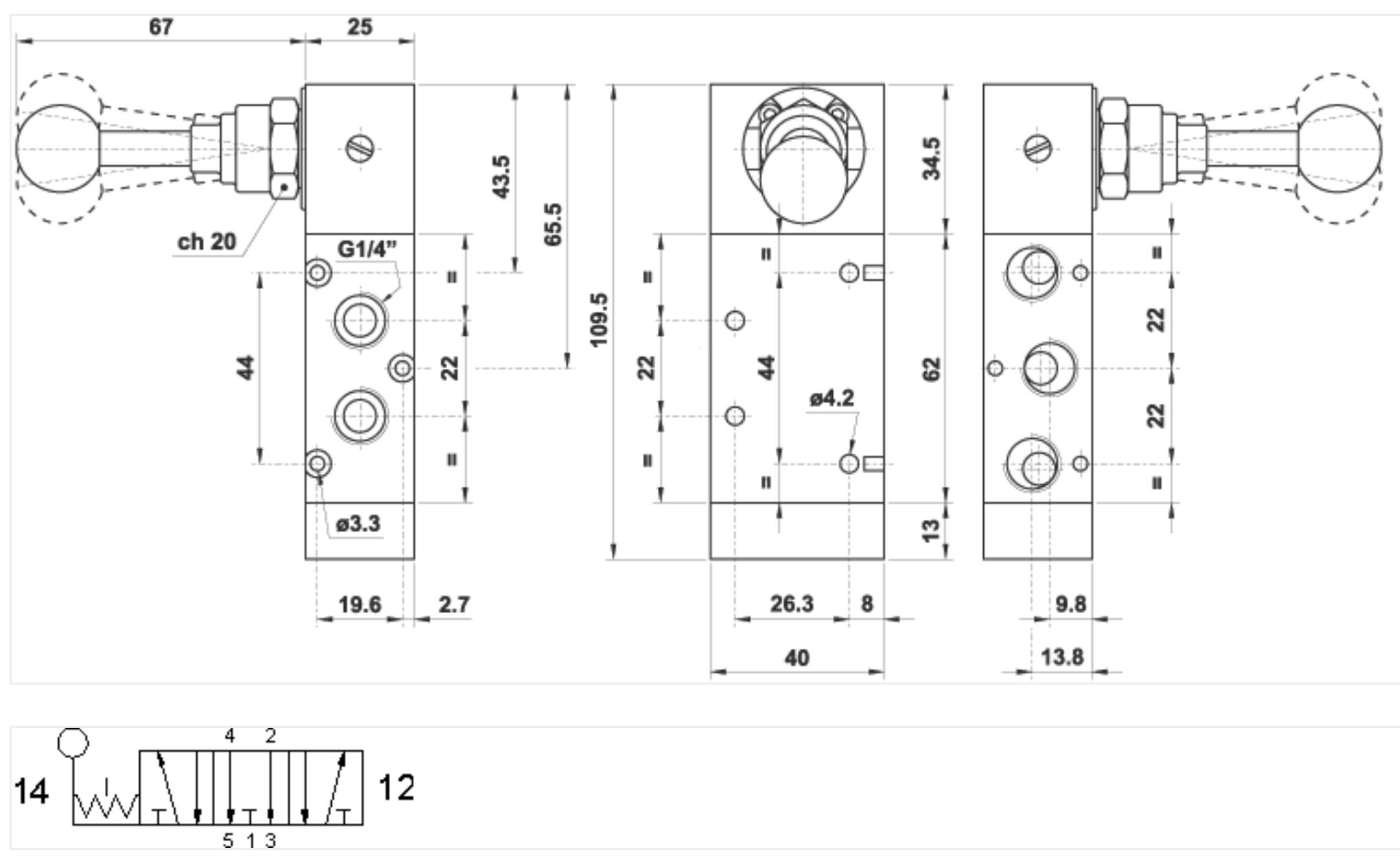 produkt tegning: Håndtagsventil 5/3 1/4" OC håndtag 90° 3pos. 5223A LL90