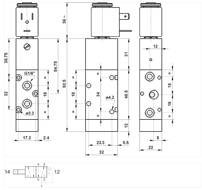 Magnetventil 1/8" 5/2 monostabil fjeder retur, uden spole 521 ME teknisk tegning