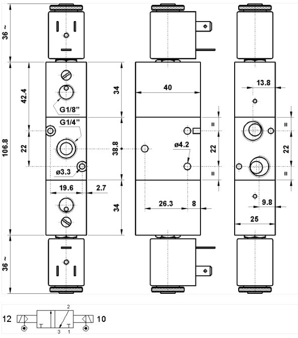 Magnetventil 1/4" 3/2 separat pilot/pilot - uden 2 spole tegning med tekniske specifikationer