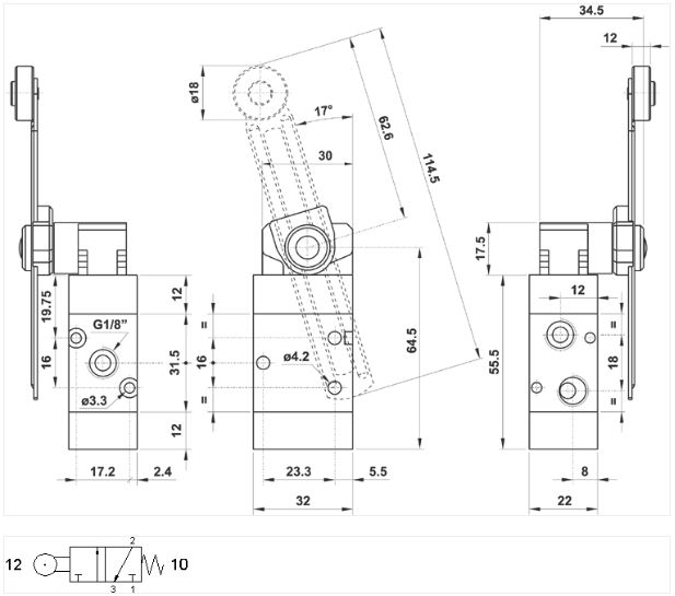 Mekanisk Justerbar Rullearm Ventil 3/2 1/8″ Fjeder Retur 321 MYR53