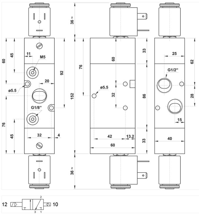 Magnetventil 1/2" 3/2 bistabil med difference, uden spole teknisk tegning med specifikationer