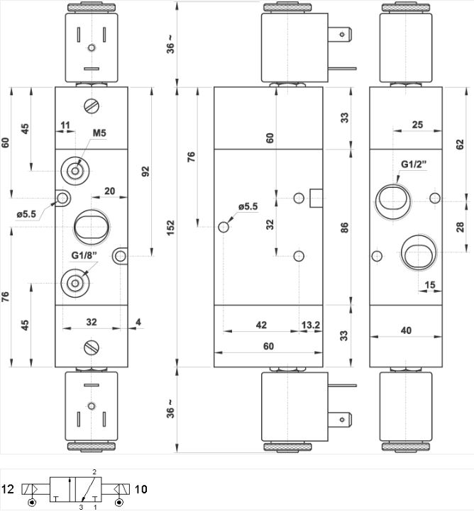 Magnetventil 1/2" 3/2 separat pilot/pilot - uden 2 spole 324 EE AS