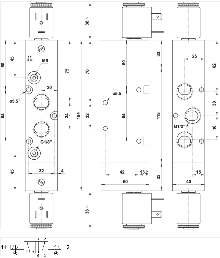 Magnetventil 1/2" 5/2 separat pilot/pilot - uden 2 spole teknisk tegning