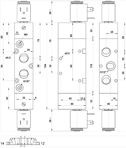 Magnetventil 5/3 1/2" OP åben centre, dobbelt elektrisk styring, uden spoler 5243A EE teknisk tegning