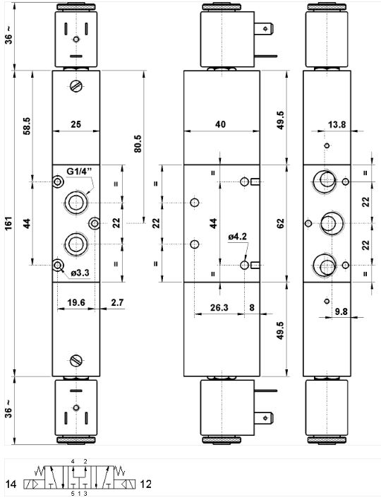 Magnetventil 1/4" 5/3 pilot/pilot PC - fjeder/center, uden 2 spoler 5223P EE teknisk tegning